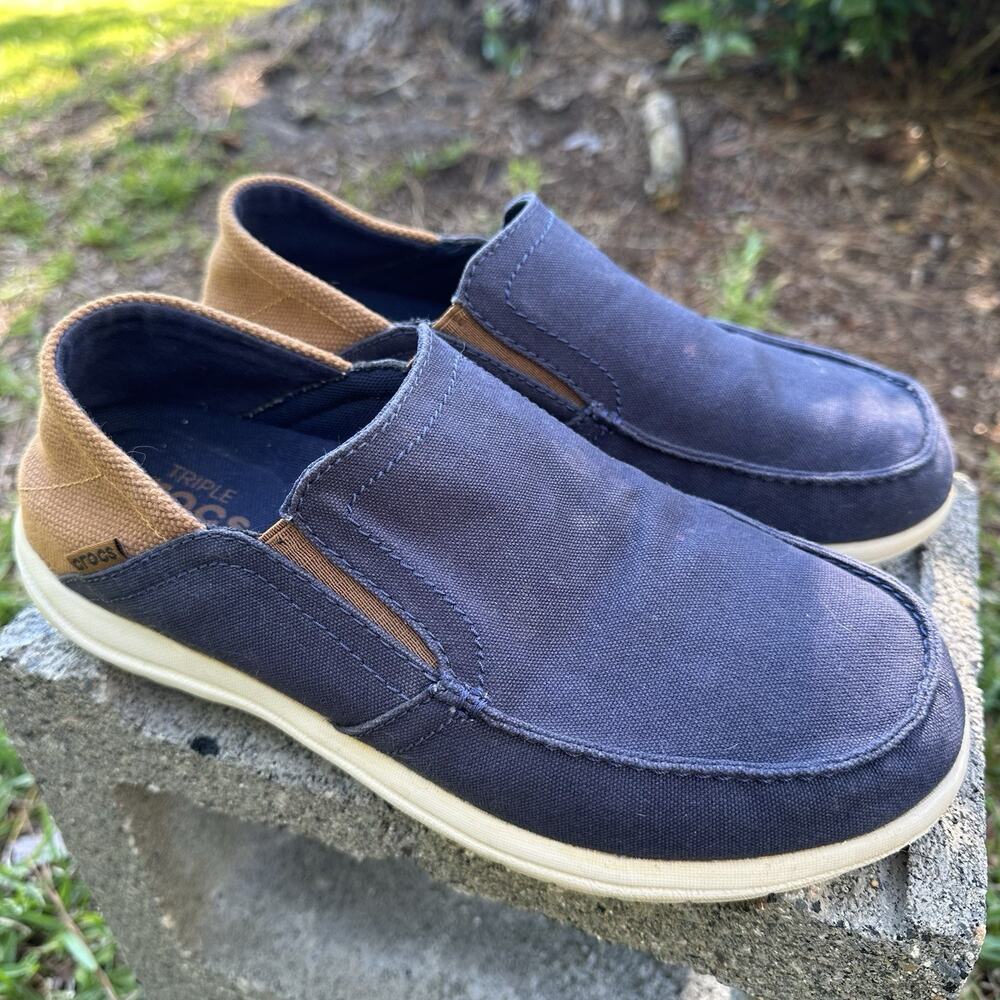 Crocs Mens 8 Navy Brown Santa Cruz Convertible Loafers Canvas Slip On Shoes 980